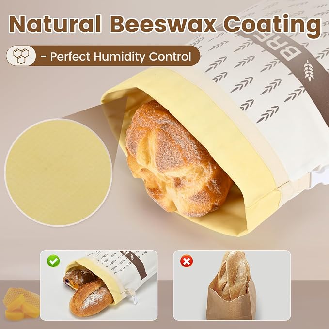 Reusable Beeswax Bread Bags for Sourdough & Homemade Bread, 2 Pack XL Cotton Storage Bag to Keep Loaves Fresh Longer, Freezer Safe & Eco-Friendly