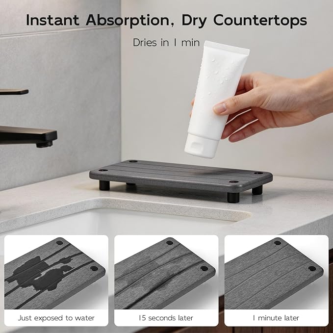 Water Absorbing Stone Sink Tray, 11.8" Diatomite Tray for Kitchen Bathroom Vanity, Fast Drying Stone Drying Caddy for Soap Dispenser, Sponge Holder with Wavy Groove Design