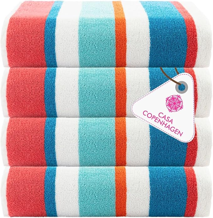 CASA COPENHAGEN Bora Bora Beach Towels Designed in Denmark Rough and Tough, Quick Dry, for Pool, Bath & Shower 30x60 inches 4 Pieces Cotton Beach Bath Towels Set - Turquoise