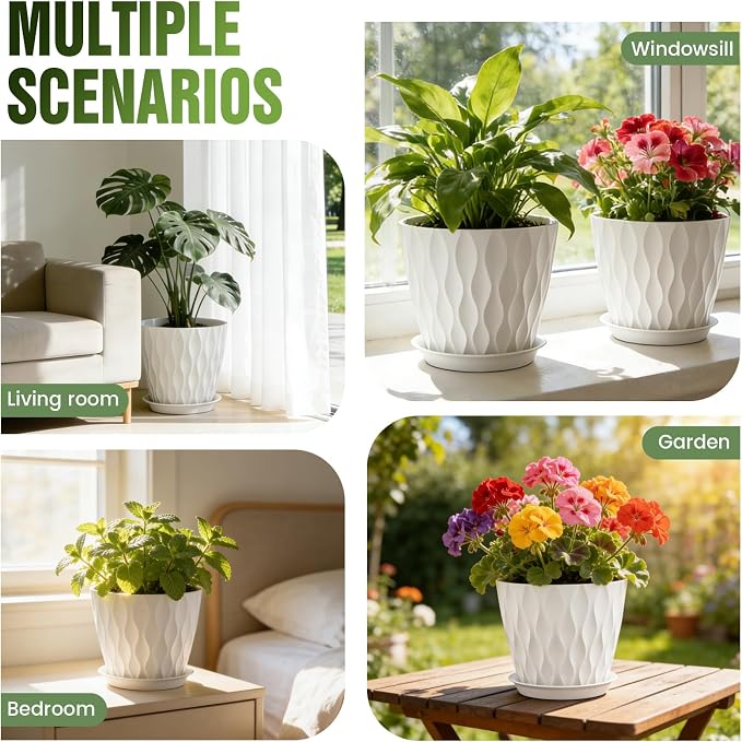 8 Inch Plant Pots 4 Pack Plastic Planters with Drainage & Saucers | 8 inch 4 pack plastic plant pots with 3D water ripple texture, drainage holes and saucers for indoor outdoor plants