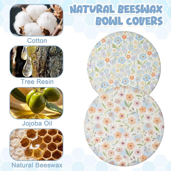 2-Pack Reusable Beeswax Bowl Covers with Floral Pattern, 10/12 Inch Elastic Cotton Food Storage Covers for Bread Proofing, Sourdough Dough & Kitchen Containers