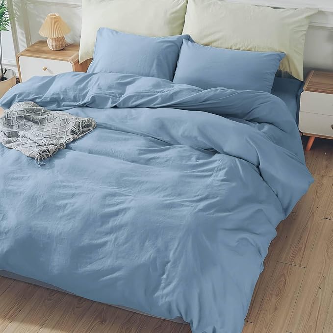 NEXHOME PRO Duvet Cover Set Kids Twin Size Linen Look Textured Organic Natural 100% Washed Cotton Duvet Cover Blue Bedding Set with Zipper Closure, Corner Ties, Breathable (No Comforter)