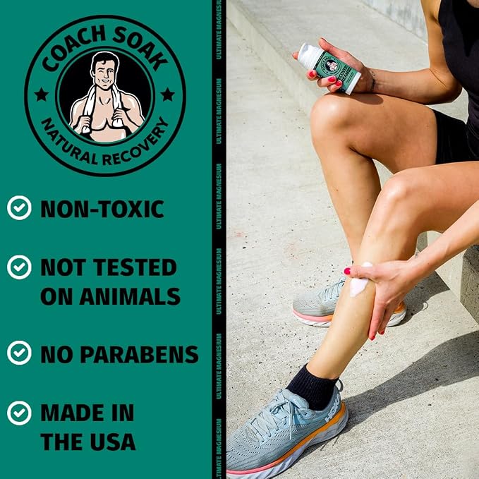 Coach Soak Magnesium Lotion with MSM & Menthol, Cooling Menthol 3.4 oz | Magnesium Chloride Non-Greasy Alternative to Epsom Salt Lotion and Cream - Apply Before Sleep for Feet, Leg Cramps & Body