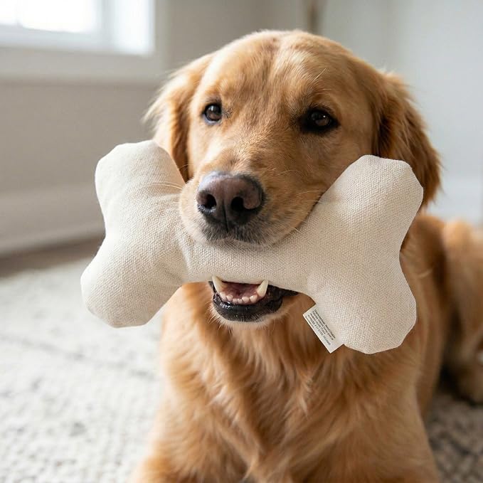 Durable Tough Cotton Canvas Squeaky Dog Toy, Eco-Friendly Interactive Chew Toy for Small, Medium & Large Dogs, T-Bone (White)