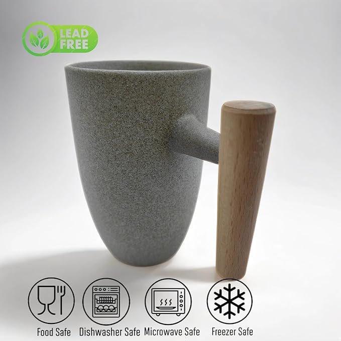 Hippo Family Vintage Ceramic Mug with Wooden Handle, 12oz, Rustic Matte Ceramic Glaze,Japanese Style (Stone)