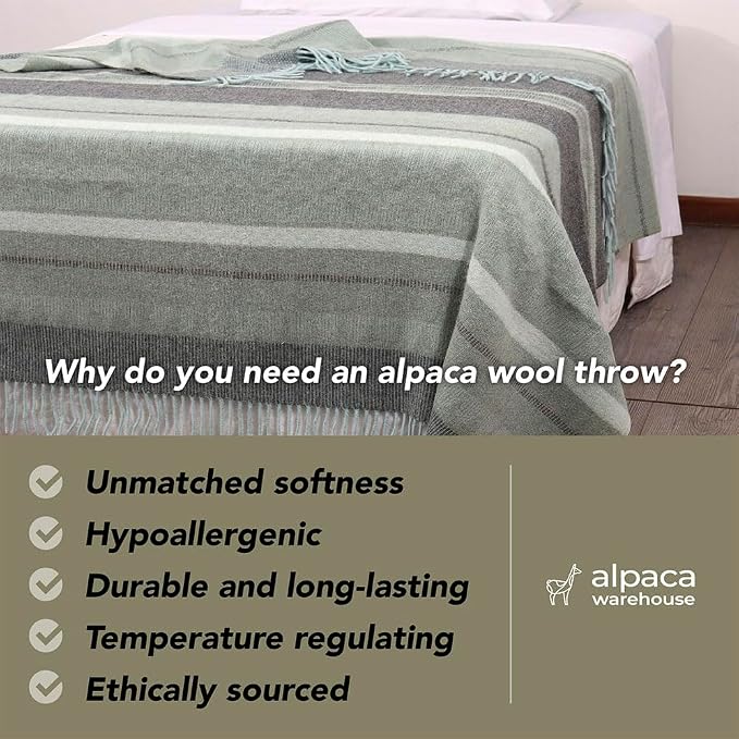 Alpaca Wool Blanket Throw Cherokee Design for Bed Couch Sofa Soft Warm Peruvian Alpaca Wool Blankets 72" x 60" (Mint Green/Sage/Gray)