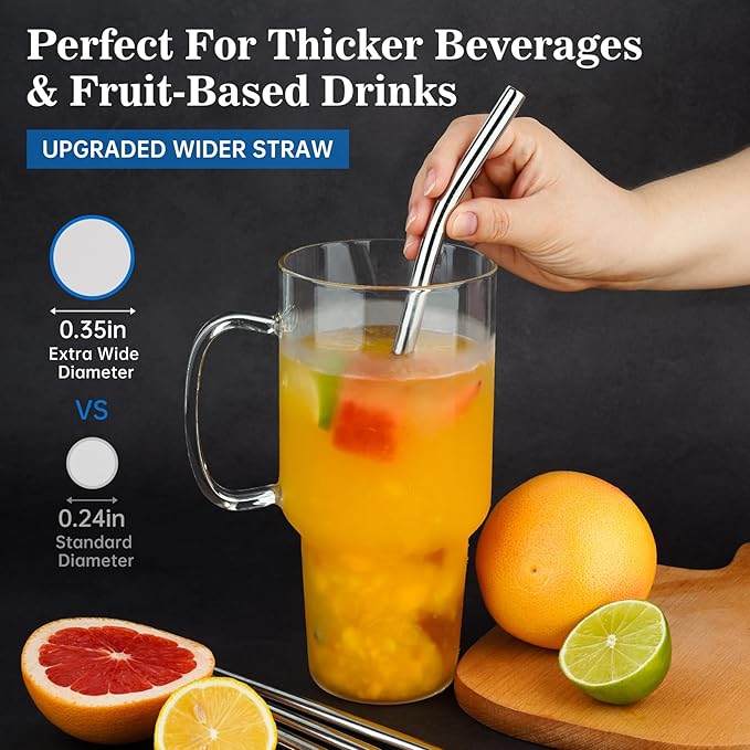 Tomorotec 40oz Straws, 14PCS Stainless Steel Replacement Straws Fit for Stanley 40oz Adventure Quencher Travel Tumblers with Cleaning Brushes 2PCS, Food-Grade, Dishwasher Safe for Smoothies (Silver)