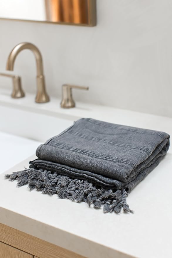 InfuseZen Stonewashed Turkish Cotton Bath and Beach Towel - Faded Black | 100% Organic, Thin, Soft, Lightweight, Absorbent, Quick-Drying, Large Peshtemal, Sand-Resistant for Shower, Pool, Spa, Travel