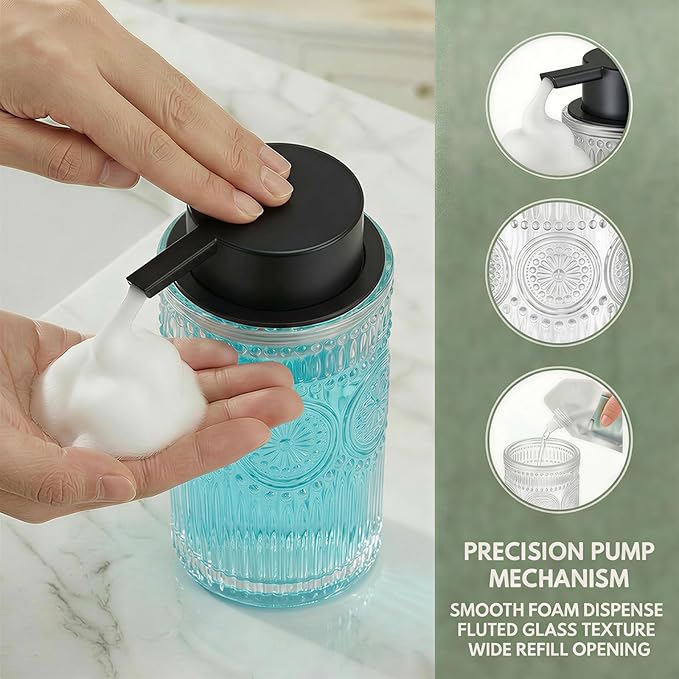 Clear Glass Foaming Hand Soap Dispenser with Matte Black Pump Decorative Thick Embossed Bottle Refillable for Bathroom and Kitchen 12 fl oz