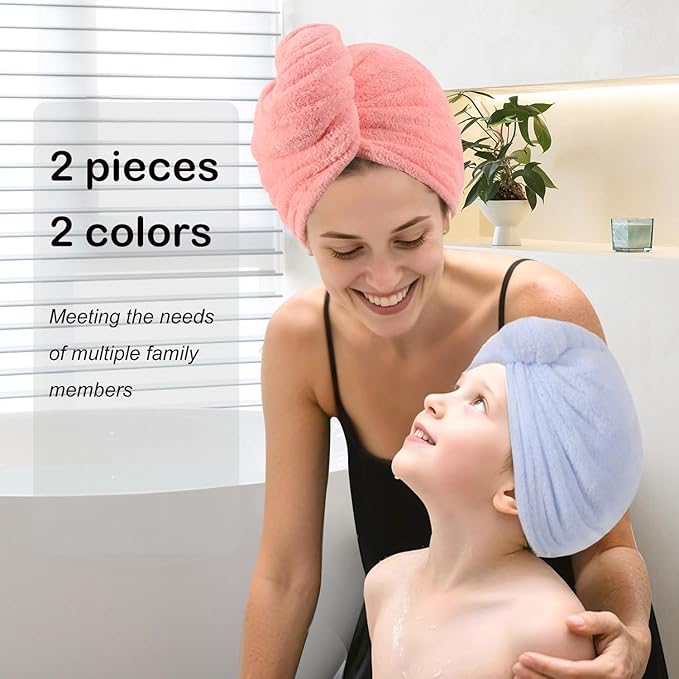 Microfiber Hair Drying Towel Wrap for Women, Hair Turbans Towel for Wet Hair,turbie Twist Hair Towels(The Color of the Picture is for Reference only) (Light Blue,Pink)