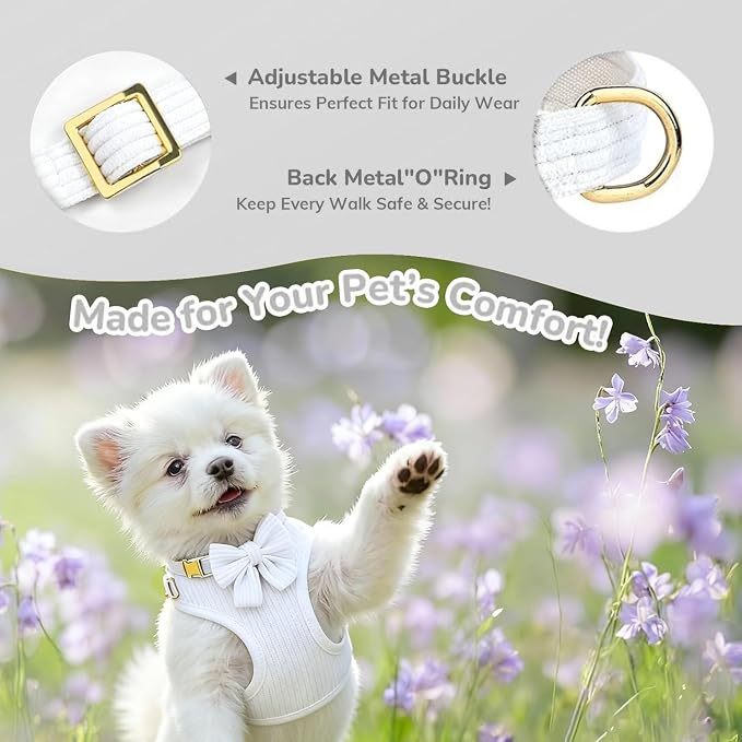 Small Dog Collar Harness and Leash Set with Bowtie, Adjustable Dog Harness Collar and Leash Set with Secure Metal Buckle, Breathable Cotton Adjustable Pet Puppy Harness, Easy Walk Harness, S(14–18.9")