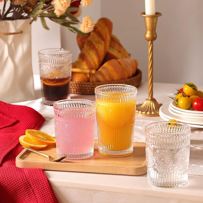 Vintage Drinking Glasses Set of 12, Textured Clear Striped Glass Cups-6 Highball Glasses 12oz & 6 Rocks Glasses 10oz, Mixed Glassware Set, Mojito Cups, Cocktail Glass, Iced Coffee Cup