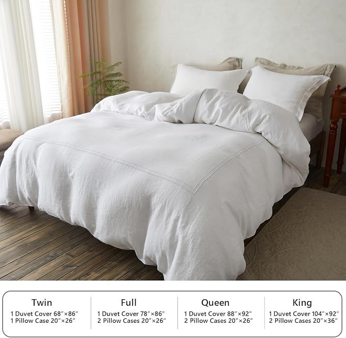 Simple&Opulence 100% Washed Linen Duvet Cover Set 78"x86" - 3 Pieces Soft Farmhouse Comforter Cover Set Double Embroidered with Button Closure - 1 Duvet Cover and 2 Pillowshams (White, Full)