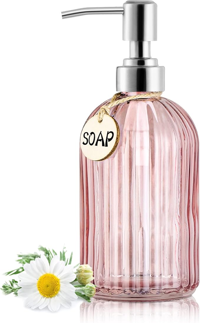 MOCLIF 16OZ Fashion Stripe Clear Glass Refillable Soap Dispenser with 304 Stainless Steel Pump Premium Soap Dispenser， for Kitchen, Bathroom, Hand Sanitizer, Liquid Soap, Lotion, etc. (Clear Pink)