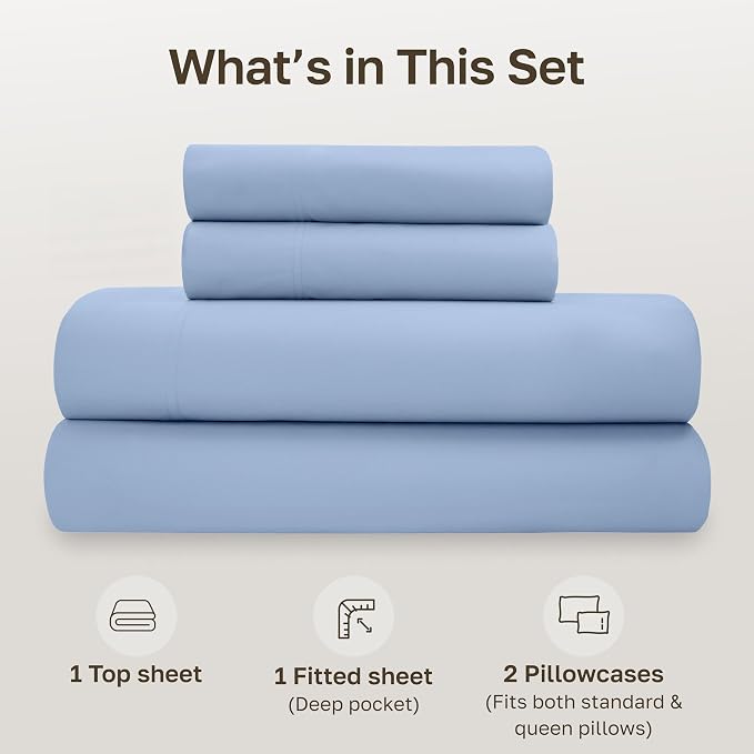 California Design Den Full Size Bed Sheets Set - Soft 100% Organic Cotton Sheets, Crisp and Cool Percale, Deep Pockets with Anti-Skid Elastic, Breathable and Durable Bedding Set - Light Blue