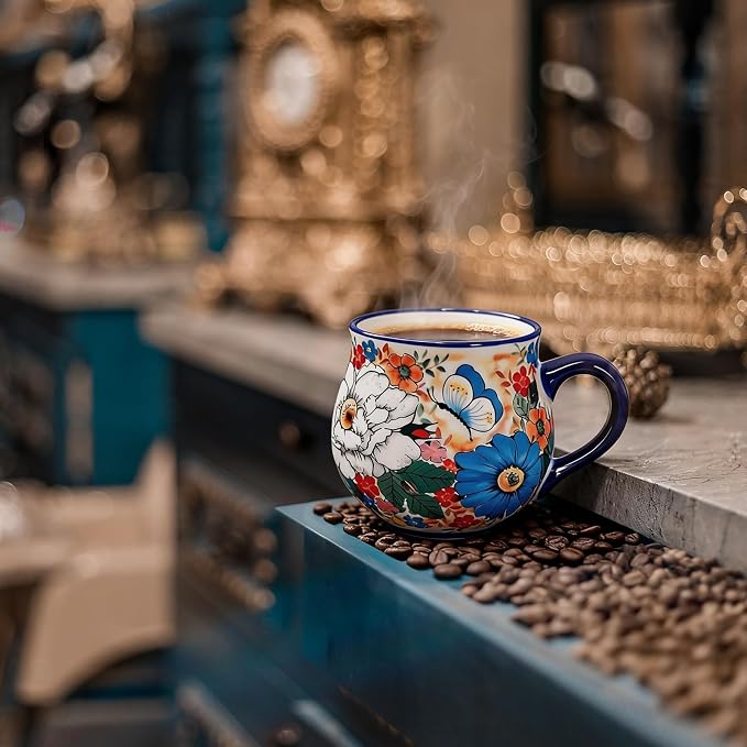 ALMA 12oz Handpainted Ceramic Tea Mugs | Microwave & Dishwasher Safe, Polish Pottery Alternative, Kitchen Cabinet Winter Home Decor, For Home Aesthetic Lovers & Wife