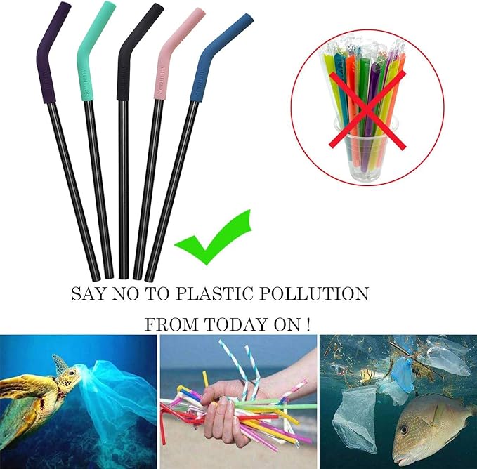 Senneny Set of 5 Stainless Steel Straws with Silicone Flex Tips Elbows Cover, 2 Cleaning Brushes and 1 Portable Bag Included (Black)- 8mm diameter