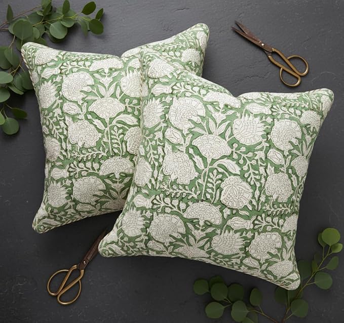 ATOSII Block Print Boho Throw Pillow Covers, 20 X 20, Set of 2, Decorative Couch Pillows for Living Room, 100% Cotton Canvas Acccent Pillows, Christmas Thanksgiving Fall Preppy Throws - Jade