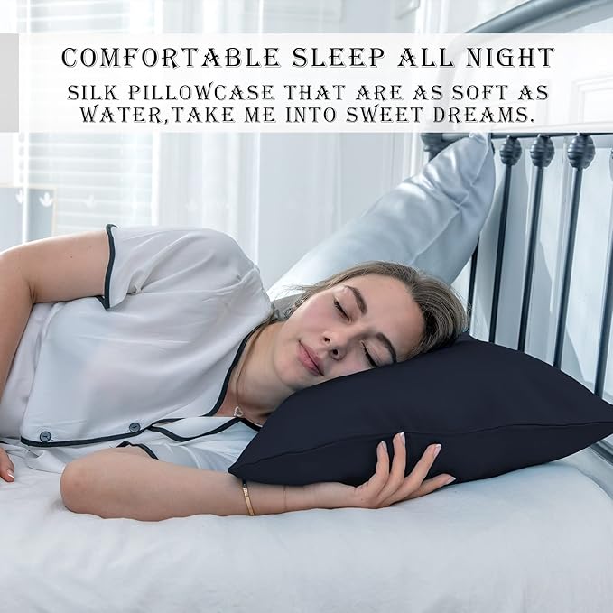 Mulberry Silk Pillowcase for Hair and Skin Standard Size 20"X 26" Pillow Case with Hidden Zipper Soft Breathable Smooth Cooling Silk Pillow Covers for Sleeping (Navy Blue,Standard,1Pcs)