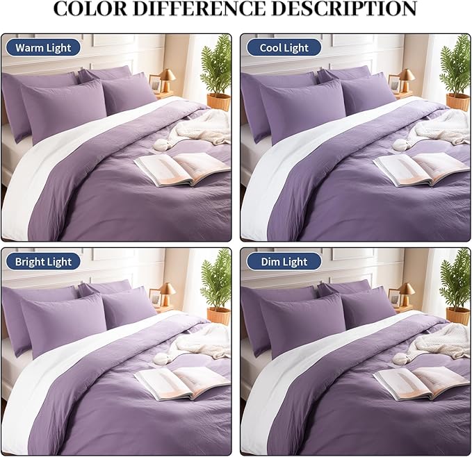 NEXHOME PRO Queen Duvet Cover Set, 100% Washed Cotton with Linen-Like Texture, Natural Organic, Breathable & Comfortable, Includes Home Bedding Set Dusty Purple (No Comforter) 9090