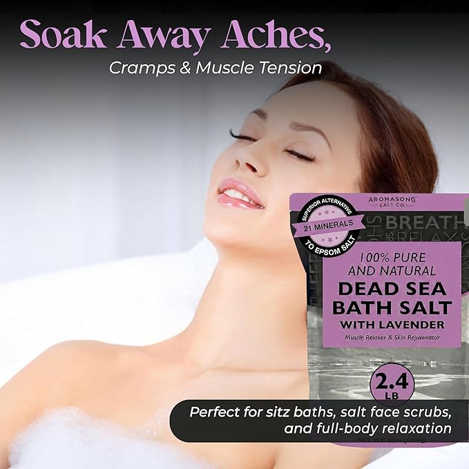 Aromasong Pure Dead Sea Salt for Soaking with 100% Natural Lavender, 2.43 LB - Spa Bath Salt Fine Grain - Body Wash Scrub - Soak for Women & Men- Bulk Resealable Pack