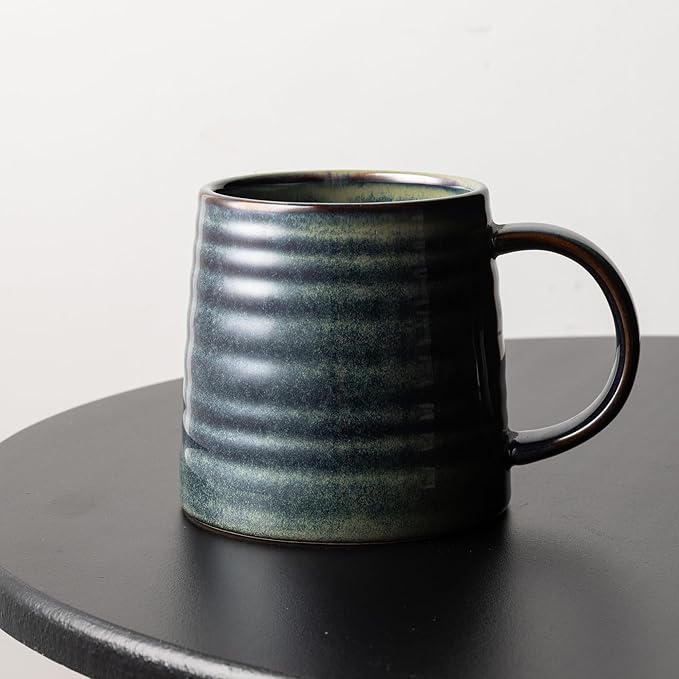 15.5 Oz Large Reactive Glaze Ceramic Mug, Heavy Weighted Stoneware Coffee Cup, Wide Base, Thick Wall Big Tea Cup with Custom Package Box, Microwave & Dishwasher Safe (Dark Green)