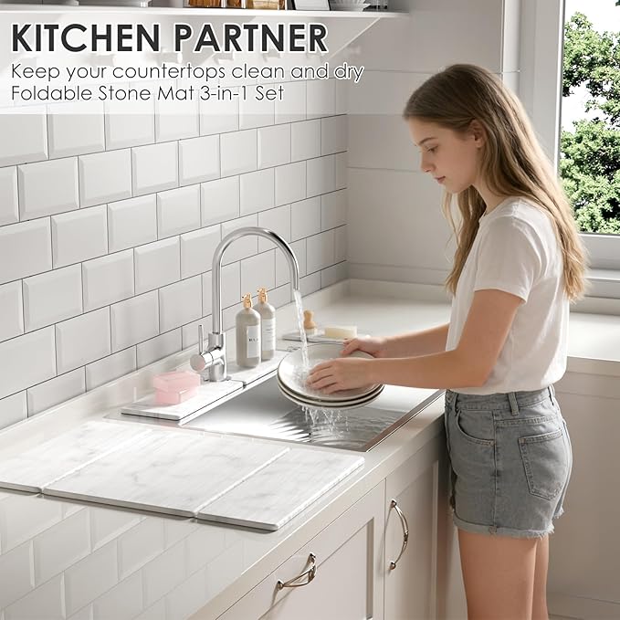 3 PCS Large Stone Dish Drying Mat for Kitchen Counter -24"x16" Absorbent Diatomaceous Earth Mat with Stone Faucet Mat & Soap Tray - Quick Dry, Collapsible, Non-Slip Countertop Organizer