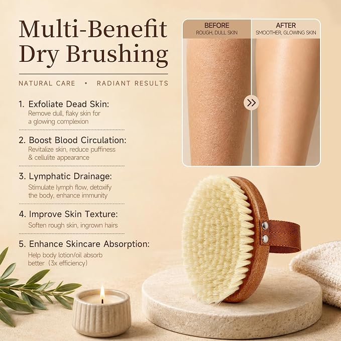 Dry Brushing Body Brush for Lymphatic Drainage with Boar Bristles | Pure Boar Bristle, Ebony Wood, Exfoliating Brush for Removing Dry Skin and Reducing cellulite, no microplastic release