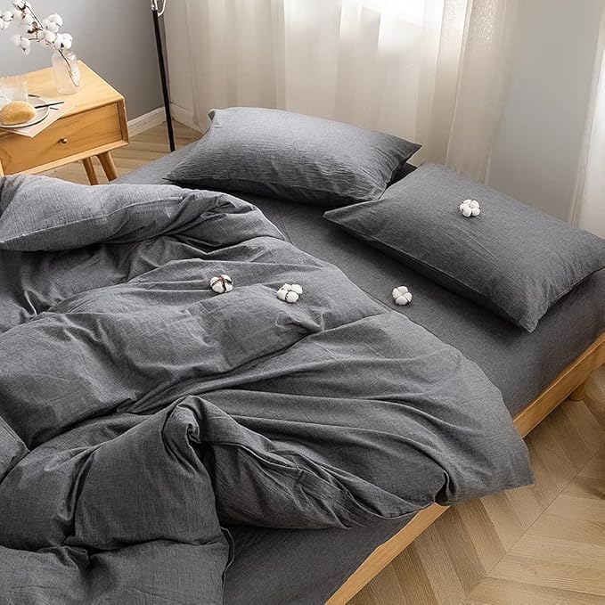 FACE TWO FACE Bedding Duvet Cover Set100% Washed Cotton Duvet Cover Linen Like Textured Breathable Durable Soft Comfy (Queen, Gray)