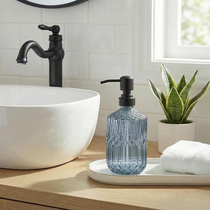 2-Pack Blue Glass Soap Dispenser with Black Rust Proof Pump, Elegant Bathroom Soap Dispenser, Vintage Kitchen Countertop Soap Dispenser for Hand Soap, Dish Soap, Lotion, Body Wash (14 OZ)