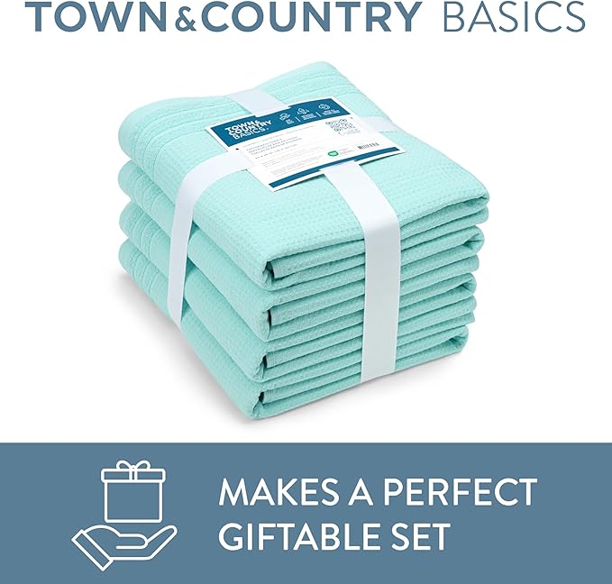 Town & Country Basics 4-Piece Waffle Woven Terry Stripe Bath Towel Set, 30x56-Inch, 100% Cotton, Quick Dry, Aqua