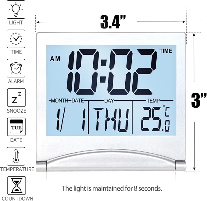 Betus Digital Travel Alarm Clock with White Backlight - Foldable Calendar Temperature Timer LCD Clock with Snooze Mode - Large Number Display, Battery Operated - Compact Desk Clock for All Ages