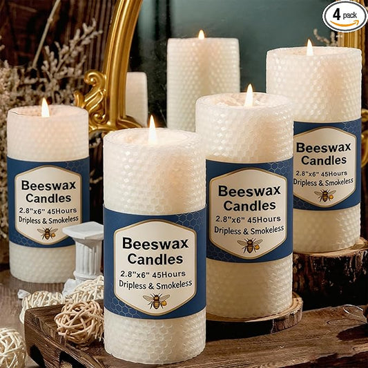 4 Pack Beeswax Pillar Candles, 2.8x6 Inch 180 Hours Hand-Rolled White Large Beeswax Candles, Handmade Pure Bees Wax Honeycomb Bees Wax Candle for Prayer, Unscented Candles (2.8x6 in)
