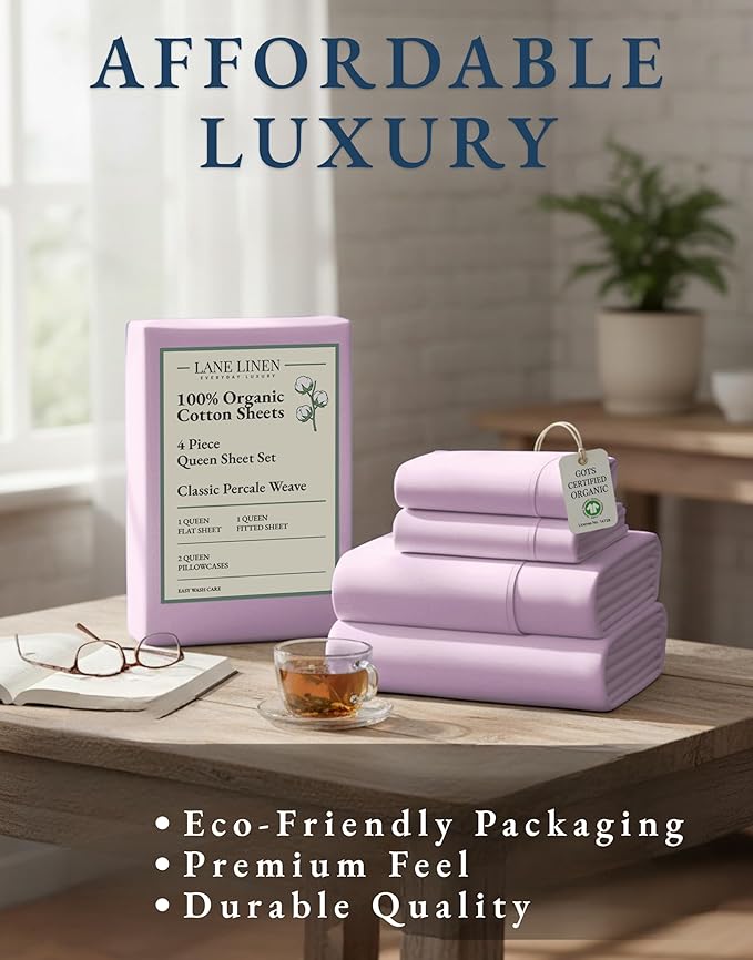 LANE LINEN 100% Organic Cotton Queen Sheets, Low Pill Fade Resistant Classic Percale Weave Bedsheets for Queen Size Bed, 15" Deep Pocket Sustainably Produced Mercerized Cotton Sheeting- Orchid Petal