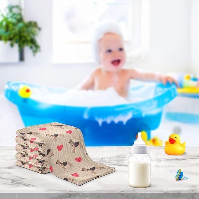 Baby German Shepherd Dog Heart Msulin Washcloths Newborn Face Towel - Baby Muslin Burp Cloths 5 Pack Soft Absorbent Natural Cotton Wash Towel 11.8"X11.8" Baby Bath Towels Wipes