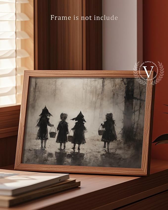 Halloween Vintage Trick or Treaters Wall Art Prints Halloween Wall Decor Trick or Treaters Canvas Autumn Prints Oil Painting Dark Academia Gothic Wall Decor for Gallery Living Room Bedroom (UNFRAMED 8x10in)