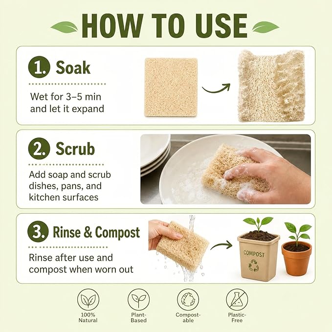 Natural Loofah Dish Sponge, 100 Count Plant-Based Kitchen Cleaning Pads, Biodegradable Compostable Scouring Pads for Dishes, Pots, Pans and Sink, 2.75 x 2.75 Inch