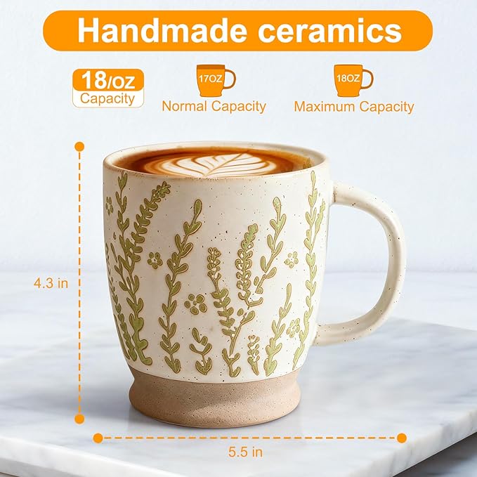 18 oz Coffee Mug Gift for Women Mom Her - Rustic Handmade Coffee Cup, Microwave & Dishwasher Safe Large Mug for Latte, Cocoa, Tea, Milk, Milkshake - Home Office Essential
