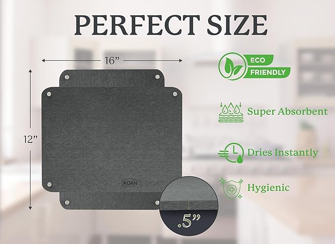 KOANEssentials Stone Dish Drying Mats for Kitchen Counter, Heat Resistant, Fast Dry, Super Absorbent Dish Drying Mats, Eco-Friendly Diatomaceous Earth Mat, Sand Tools included (16x12 Inch,Grey) 2 Pack