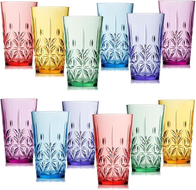 Bravario Royal Plastic Drinking Tumbler, Premium Quality Water Glasses, Dishwasher-Safe BPA-Free Durable Mixed Colors Assorted Stackable Cups, 18 oz Set of 12