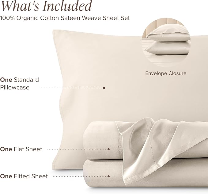 Bare Home 100% Organic Cotton Twin Extra Long Sheet Set - 400 Thread Count - Smooth Sateen Weave - Breathable & Cooling - Hotel Luxury Set - Deep Pocket Bed Sheets (Twin XL, French Beige)
