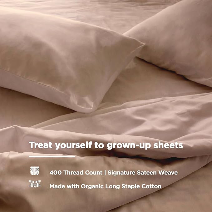 Fabdreams 100% Organic Cotton Twin Size Sheet Set | 400 Thread Count Sheet Set | GOTS Certified | Long Staple Cotton | Upto 17" Elasticised Deep Pockets | Soft Silky Shiny | Taupe
