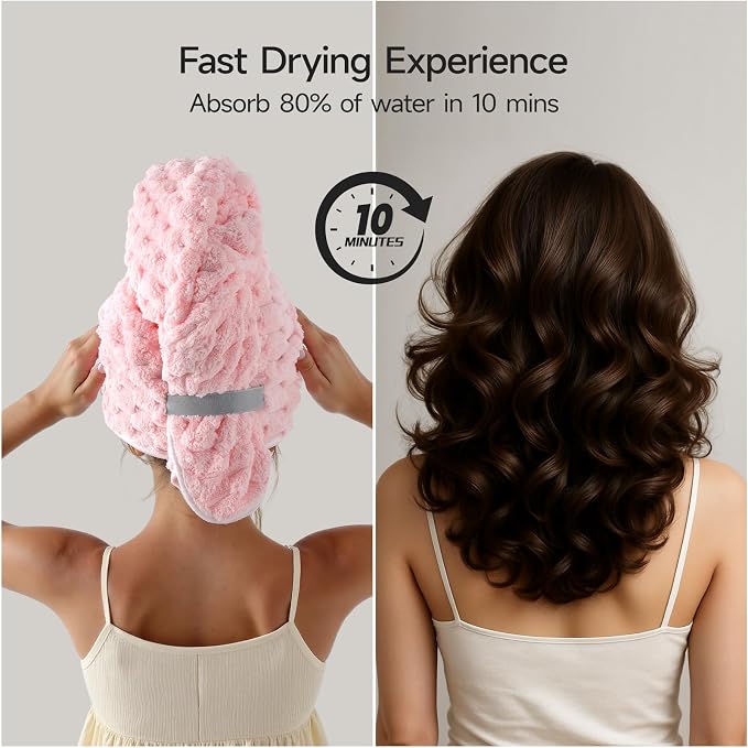 REDKISS Pink Microfiber Hair Towels - Extra Large Hair Towel Wrap for Women, 24x42 inch Hair Towels with Elastic Strap, Super Soft Hair Drying Towels for Long, Thick, Curly Anti Frizz Turbans