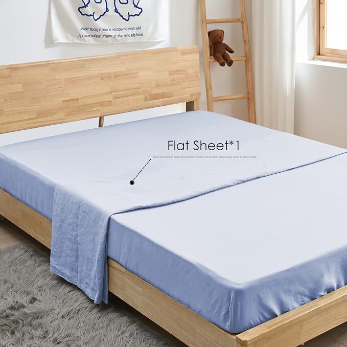 Sijo Stone Washed Organic French Linen Bed Sheet Set, GOTS Certified Organic, Best Cooling Linen Sheet Award by Sleep Foundation, 1 Flat Sheet Only (Sky, Full/Queen)