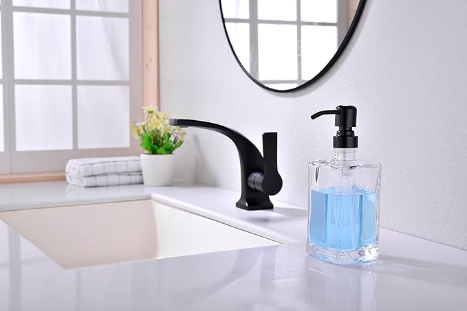 Glass Soap Dispenser Set, Matte Black Stainless Steel Pump & Clear Square Glass Soap Dispenser Bottle, 2 X 13.5oz Refillable Liquid Hand Soap Jar for Kitchen & Bathroom
