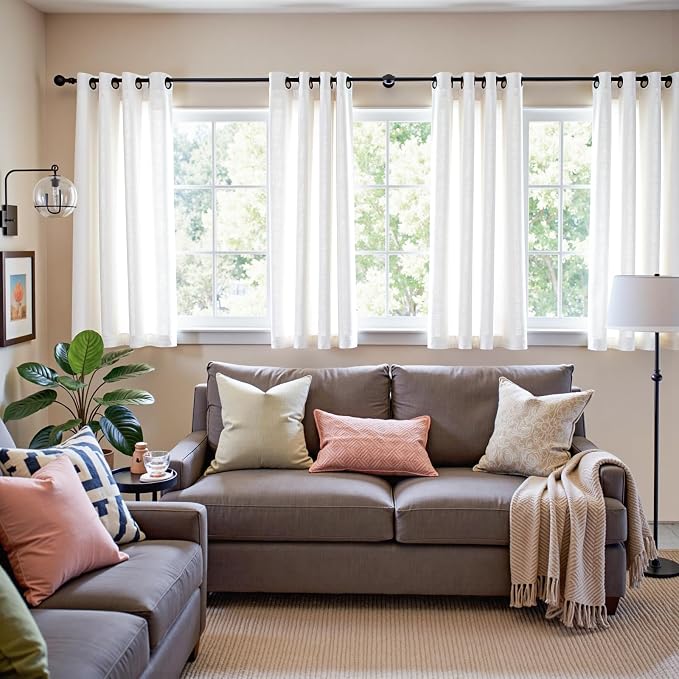 jinchan White Linen Curtains 63 Inch Long for Bedroom Dining Room 2 Panel Set Neutral Farmhouse Semi Sheer Linen Drapes Rustic Grommet Curtains Soft Light Filtering Window Drapes Grommet