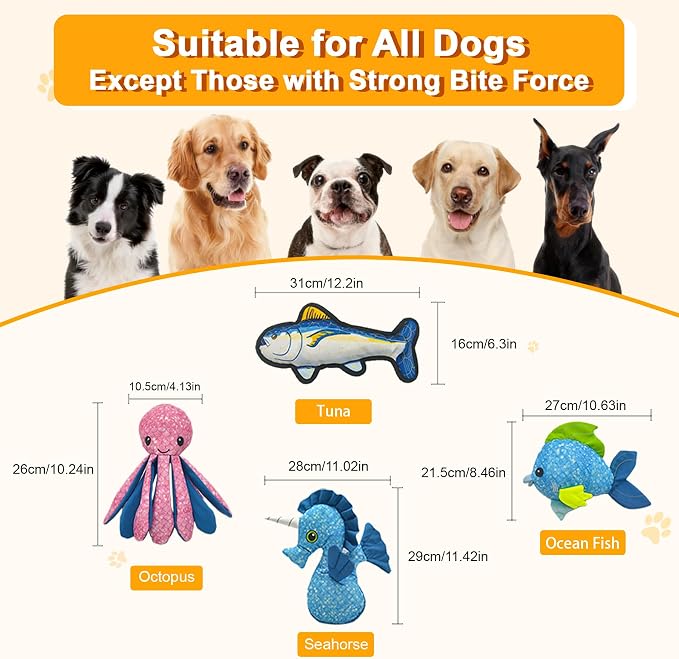 12.8" Recycled Canvas Tuna Squeaky Dog Toy, Durable Stuffed Fish Chew Toy for Puppy Teething, Interactive Play for Small Medium Large Dogs, Blue