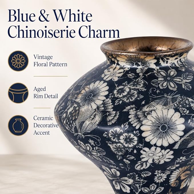 Small Wabi Sabi Blue and White Vintage Ceramic Vase, 6.7" Rustic Pottery Vase for Centerpieces, Chinoiserie Decorative Flower Vases for Table, Living Room, Bathroom, Kitchen, Farmhouse Home Decor Gift
