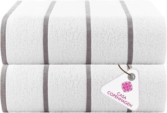 CASA COPENHAGEN Cabana Pool 2Pcs 100% Egyptian Cotton XL Designer Bathsheet Beach Towels Gift Set- White Silver, 500GSM, 35"x70", Bath Sheet Beach Towels (Box Pack, Set for Women & Men)