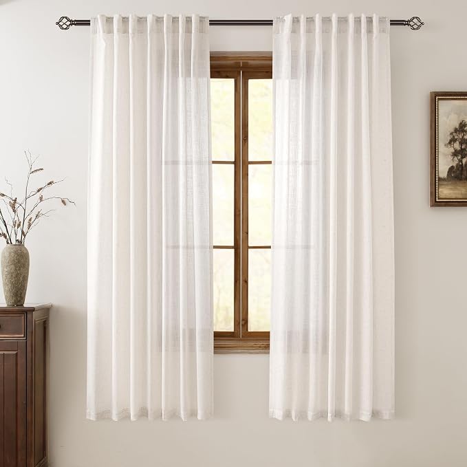 Cream Linen Curtains 72 inch Long 2 Panel Set for Living Room Back Tab Rod Pocket Semi Sheer Light Filtering Bedroom Window Curtain Modern Farmhouse Rustic Neutral Ivory Linen Drapes